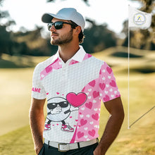 Load image into Gallery viewer, Personalized funny golf ball pink heart pattern white Mens golf polo shirts, Valentine golf gifts NQS11324