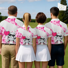 Load image into Gallery viewer, Personalized funny golf ball pink heart pattern white Womens golf polo shirts, Valentine golf gifts NQS11324