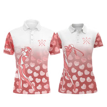 Load image into Gallery viewer, Personalized pink heart pattern white matching golf polo shirts for couples, Valentine golf gifts NQS11326