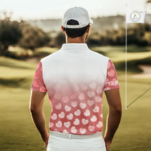 Load image into Gallery viewer, Personalized pink heart pattern white Mens golf polo shirts, custom Valentine golf gifts for him NQS11326