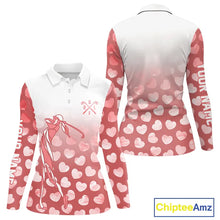 Load image into Gallery viewer, Personalized pink heart pattern white Womens golf polo shirts, custom Valentine golf gifts for her NQS11326