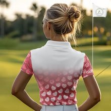 Load image into Gallery viewer, Personalized pink heart pattern white Womens golf polo shirts, custom Valentine golf gifts for her NQS11326