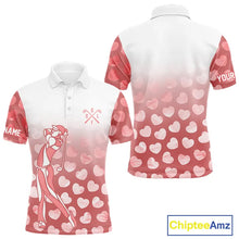 Load image into Gallery viewer, Personalized pink heart pattern white matching golf polo shirts for couples, Valentine golf gifts NQS11326
