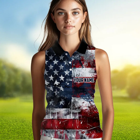 Personalized Sleeveless Polo shirts for Women custom grunge American Flag patriotic Ladies golf wears NQS9433