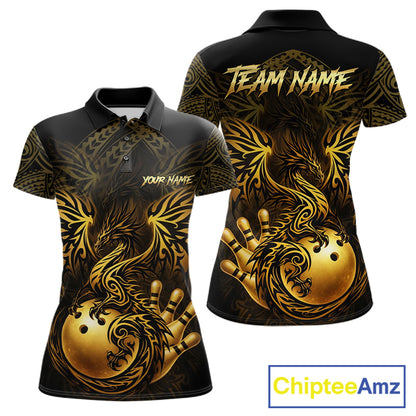 Custom Black And Gold tribal Dragon Bowling Shirts For Women, Dragon Bowling Team Shirts Uniform NQS11534