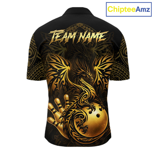 Custom Black And Gold tribal Dragon Bowling Shirts For Men, Dragon Bowling Team Shirts Uniform NQS11534