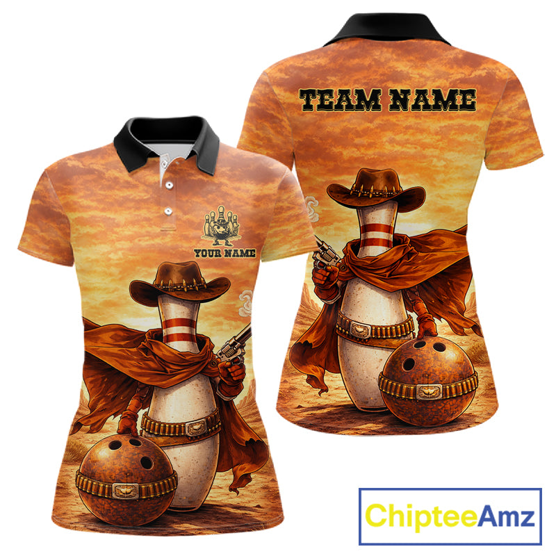 Custom Funny Desert Bowling Cowboy gun bowling team shirts For Women, Bowling Polo, 1/4 zip jerseys NQS11536