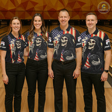 Load image into Gallery viewer, Custom American Flag Skull Bowling shirts For Women, patriotic team Bowling jerseys gift for bowlers NQS11538