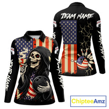 Load image into Gallery viewer, Custom American Flag Skull Bowling shirts For Women, patriotic team Bowling jerseys gift for bowlers NQS11538