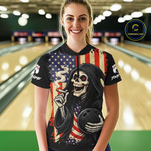 Load image into Gallery viewer, Custom American Flag Skull Bowling shirts For Women, patriotic team Bowling jerseys gift for bowlers NQS11538