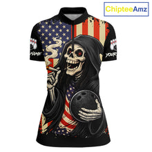 Load image into Gallery viewer, Custom American Flag Skull Bowling shirts For Women, patriotic team Bowling jerseys gift for bowlers NQS11538