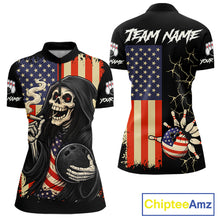 Load image into Gallery viewer, Custom American Flag Skull Bowling shirts For Women, patriotic team Bowling jerseys gift for bowlers NQS11538