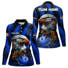 Load image into Gallery viewer, American Flag Eagle Women Bowling Polo, 1/4 Zip Shirt Custom Name Patriotic Bowling Team Jersey | Blue NQS9755