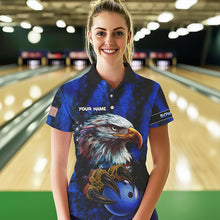 Load image into Gallery viewer, American Flag Eagle Women Bowling Polo, 1/4 Zip Shirt Custom Name Patriotic Bowling Team Jersey | Blue NQS9755
