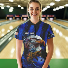 Load image into Gallery viewer, American Flag Eagle Women Bowling Polo, 1/4 Zip Shirt Custom Name Patriotic Bowling Team Jersey | Blue NQS9755