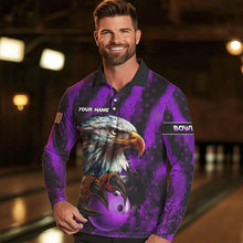 Load image into Gallery viewer, American Flag Eagle Mens Bowling Polo, 1/4 Zip Shirt Custom Patriotic Bowling Team Jersey | Purple NQS9756