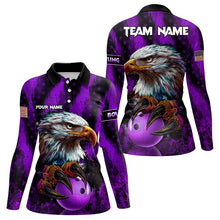 Load image into Gallery viewer, American Flag Eagle Women Bowling Polo, 1/4 Zip Shirt Custom Patriotic Bowling Team Jersey | Purple NQS9756