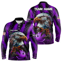 Load image into Gallery viewer, American Flag Eagle Mens Bowling Polo, 1/4 Zip Shirt Custom Patriotic Bowling Team Jersey | Purple NQS9756