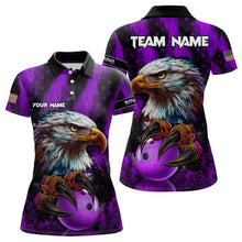 Load image into Gallery viewer, American Flag Eagle Women Bowling Polo, 1/4 Zip Shirt Custom Patriotic Bowling Team Jersey | Purple NQS9756