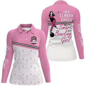 Custom pink women polo Shirts bowling I'm a classy sassy and a bit smart assy bowling girl NQS5562