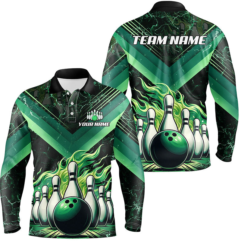 Mens Bowling polo, quarter zip shirts Custom Flame bowling team Jerseys, gift for bowlers | Green NQS7674