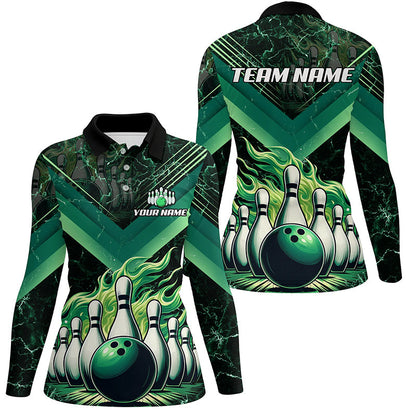 Womens Bowling polo, quarter zip shirts Custom Flame bowling team Jerseys, gift for bowlers | Green NQS7674