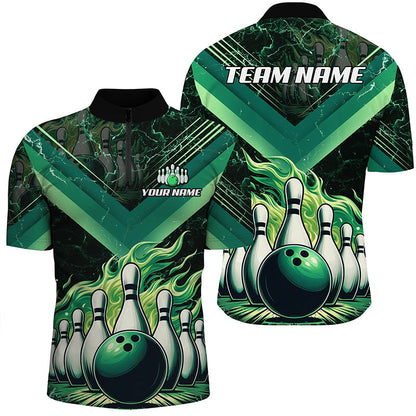 Mens Bowling polo, quarter zip shirts Custom Flame bowling team Jerseys, gift for bowlers | Green NQS7674