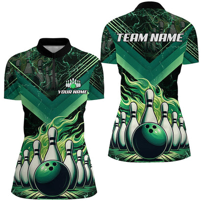 Womens Bowling polo, quarter zip shirts Custom Flame bowling team Jerseys, gift for bowlers | Green NQS7674