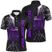 Load image into Gallery viewer, Black and Purple fire disc golf basket broken glass custom Men disc golf polo shirts, disc golf jersey NQS7677