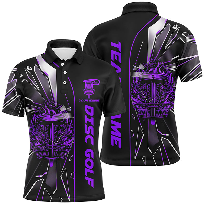 Black and Purple fire disc golf basket broken glass custom Men disc golf polo shirts, disc golf jersey NQS7677