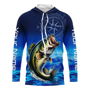 Personalized Bass Blue Long Sleeve Performance Fishing Shirts, Bass compass tournament Shirts NQS5817
