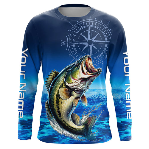 Personalized Bass Blue Long Sleeve Performance Fishing Shirts, Bass compass tournament Shirts NQS5817