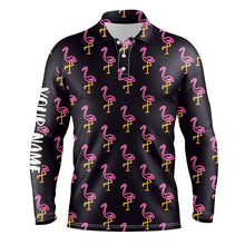 Load image into Gallery viewer, Black Mens golf polo shirt neon pink flamingos pattern custom name team flamingo golf polo shirts NQS7910