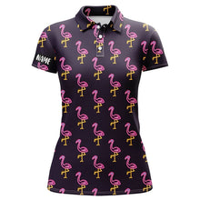 Load image into Gallery viewer, Black Womens golf polo shirt neon pink flamingos pattern custom name team golf polo shirts NQS7910