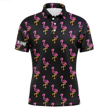 Load image into Gallery viewer, Black Mens golf polo shirt neon pink flamingos pattern custom name team flamingo golf polo shirts NQS7910