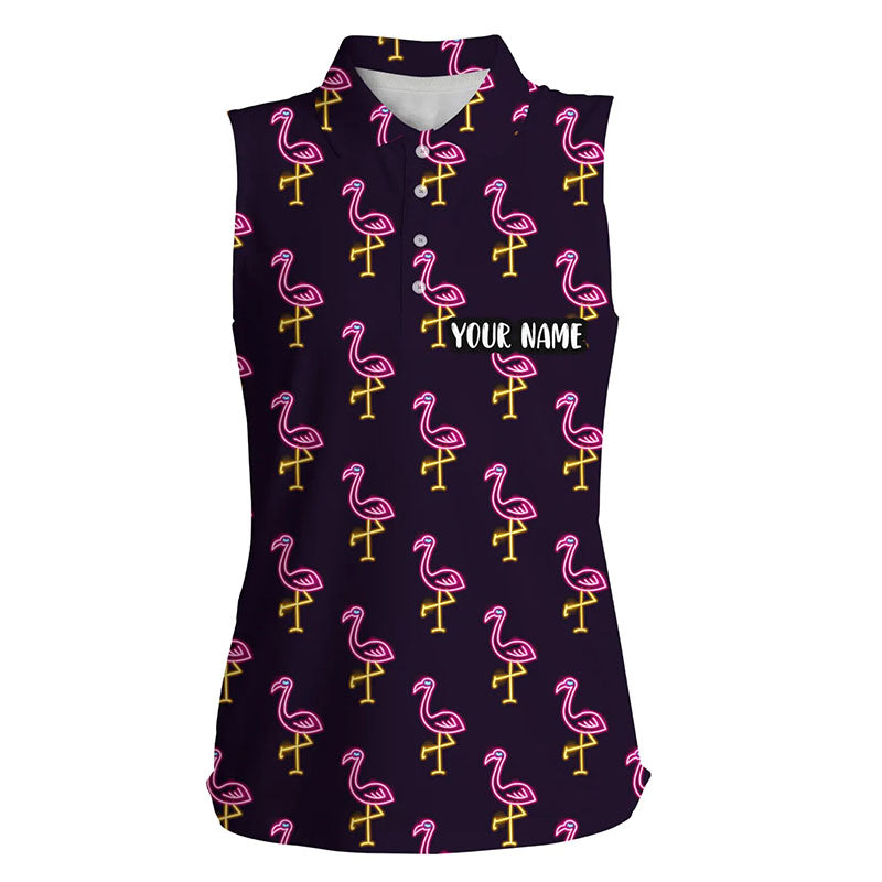 Black Womens Sleeveless polo shirt neon pink flamingos pattern custom name team golf polo shirts NQS7910