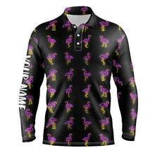 Load image into Gallery viewer, Black Mens golf polo shirt pink neon flamingos pattern custom flamingo golf polo shirts for team NQS7911