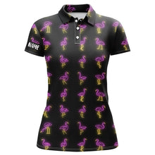 Load image into Gallery viewer, Black Womens golf polo shirt pink neon flamingos pattern custom flamingo golf polo shirts for team NQS7911