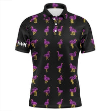 Load image into Gallery viewer, Black Mens golf polo shirt pink neon flamingos pattern custom flamingo golf polo shirts for team NQS7911