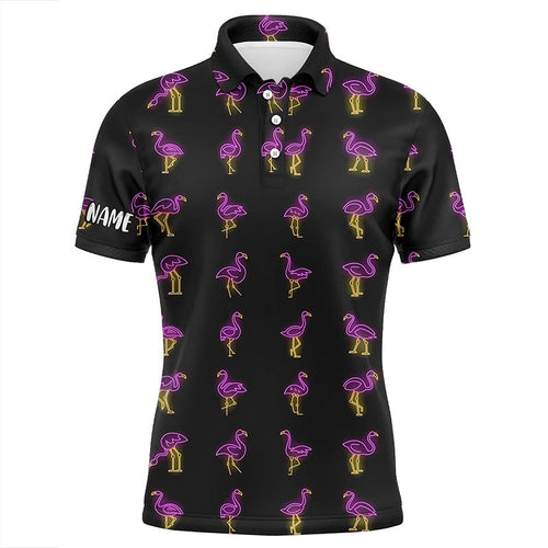 Black Mens golf polo shirt pink neon flamingos pattern custom flamingo golf polo shirts for team NQS7911