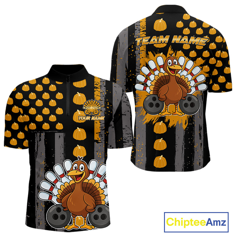 Funny Bowling Shirts For Men Pumpkin American Flag Turkey Thanksgiving Custom Team turkey bowl shirts NQS10943