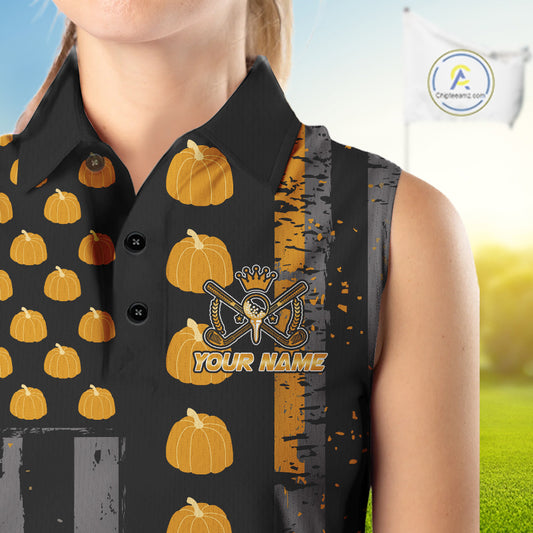 Funny Women Sleeveless Golf Polo Shirt Custom Pumpkin American Flag Turkey Thanksgiving golf shirt NQS10944