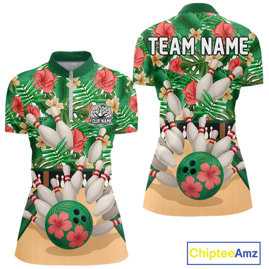 Green tropical flower Bowling Polo, Quarter Zip Shirts For Women Custom bowling team jersey NQS10945
