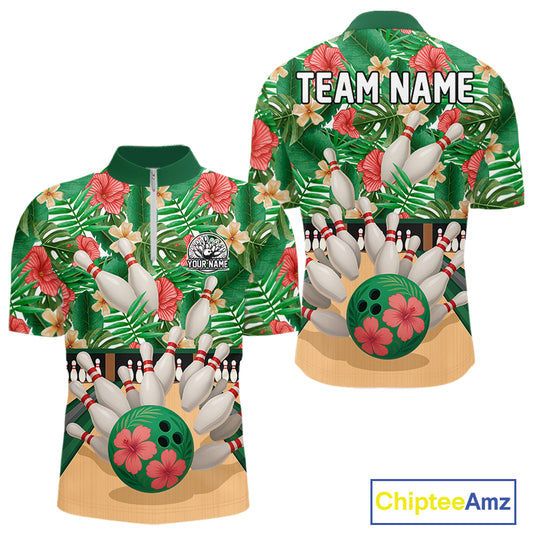 Green tropical flower Bowling Polo, Quarter Zip Shirts For Men Custom bowling team jersey NQS10945