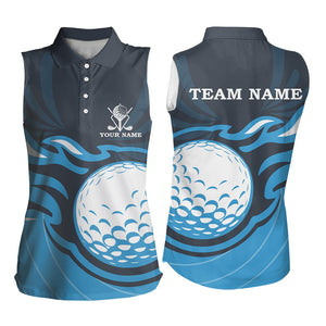 Women Sleeveless polo Shirts Custom Flame golf ball golf shirts for ladies, cool golf gifts | Blue NQS9027