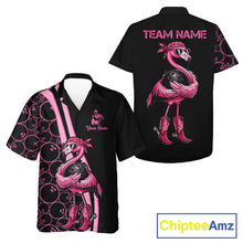 Load image into Gallery viewer, Funny Cute Pink Flamingo Custom Black &amp; Pink Bowling Hawaiian Shirts, Flamingo Bowling Team Outfits NQS11545