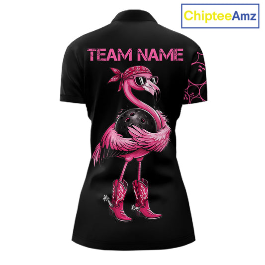 Funny Cute Pink Flamingo Custom Black & Pink Bowling Shirts For Ladies, Flamingo Bowling Team Outfits NQS11545