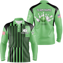 Load image into Gallery viewer, Green and black stripe pattern Mens Bowling polo shirts Custom bowling Team Jerseys, gifts for bowlers NQS7349