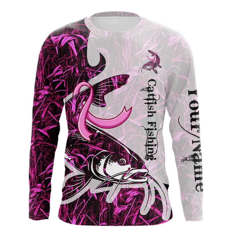 Catfish fishing pink Camo ribbon Breast Cancer Custom name sun protection long sleeves fishing shirts NQS9760