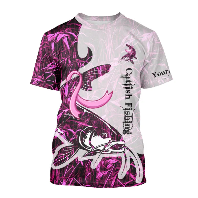 Catfish fishing pink Camo ribbon Breast Cancer Custom name sun protection long sleeves fishing shirts NQS9760
